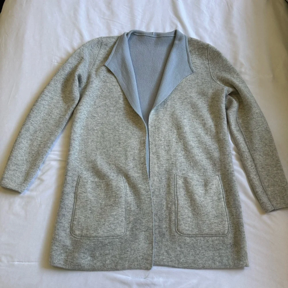 LOFT Reversible Blue & Gray Wool Blend Sweater Jacket Cardigan Coatigan Sz S - Picture 8 of 9